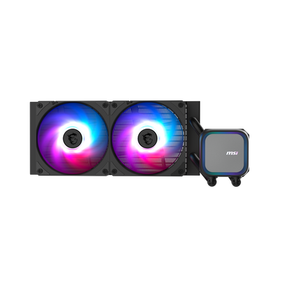 Refrigeración líquida MSI MAG CORELIQUID A13 240 para PC, radiador y bomba con ventiladores en color negro.