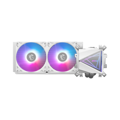 Enfriador líquido MSI MAG CORELIQUID I240 White para PC, radiador y ventiladores blancos visibles en la imagen.