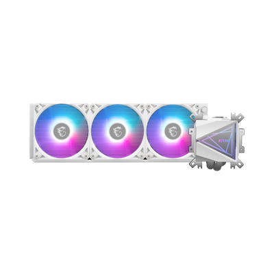 Enfriador líquido MSI MAG CORELIQUID I360 blanco para PC, con ventiladores y radiador en color blanco.