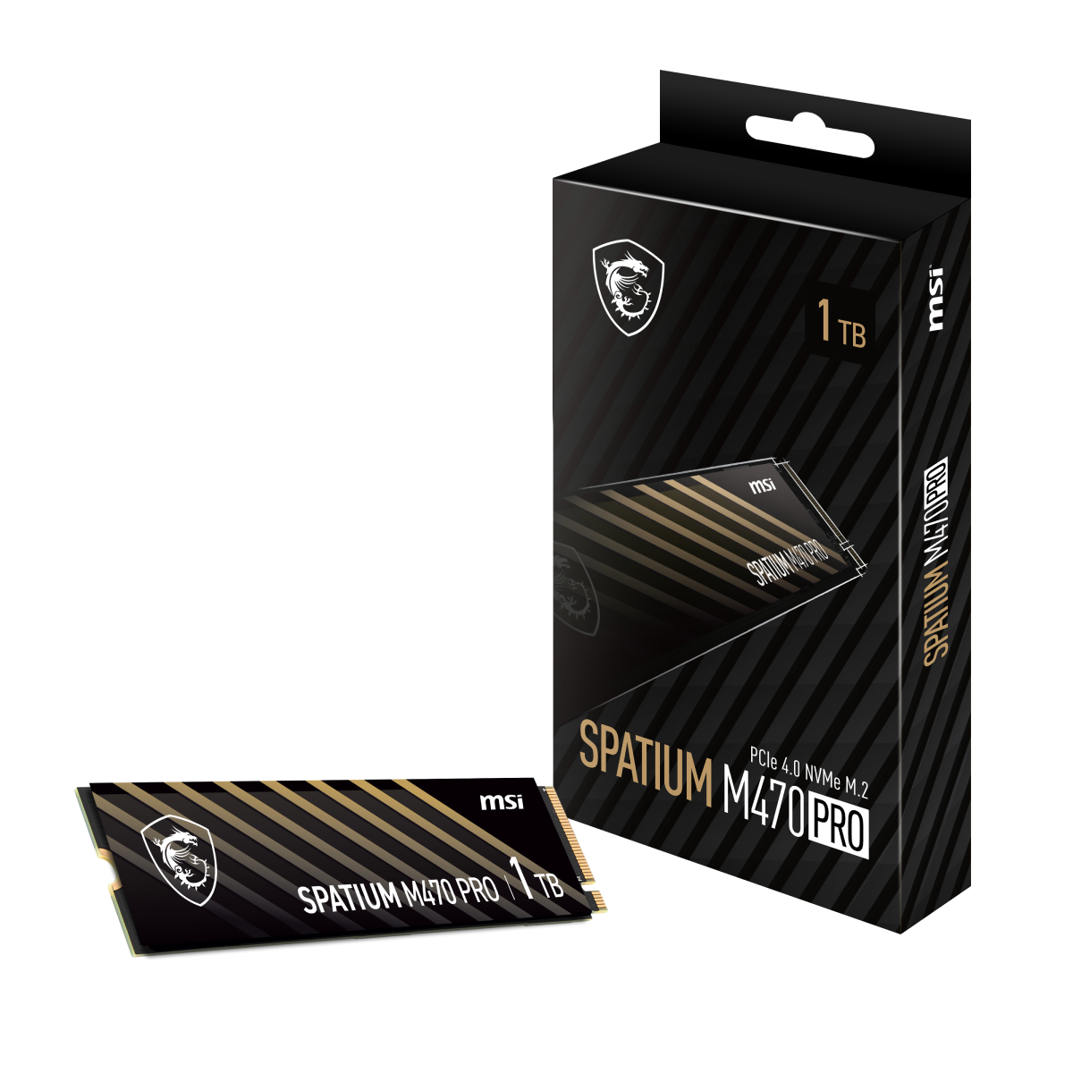 SSD MSI SPATIUM M470 PRO PCIe 4.0 NVMe M.2 de 1TB, caja del SSD MSI para alto rendimiento en almacenamiento.