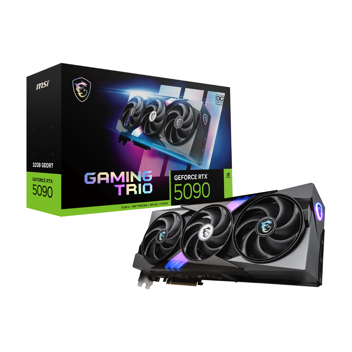 Tarjeta gráfica MSI GeForce RTX 5090 32G GAMING TRIO OC en vista frontal con disipador y puertos de salida de video