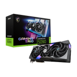 Tarjeta gráfica MSI GeForce RTX 5090 32G GAMING TRIO OC en vista frontal con disipador y puertos de salida de video