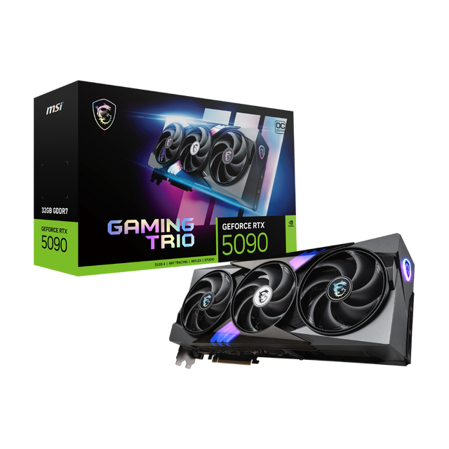 Tarjeta gráfica MSI GeForce RTX 5090 32G GAMING TRIO OC en vista frontal con disipador y puertos de salida de video