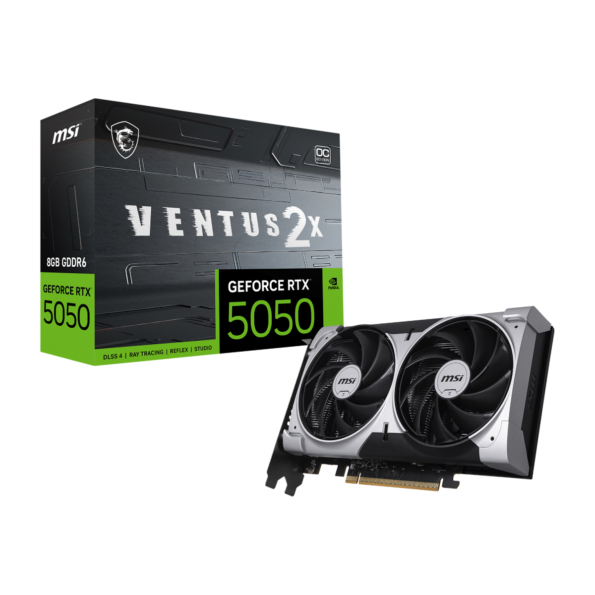Tarjeta gráfica MSI GeForce RTX 5050 8G VENTUS 2X OC, VGA, con disipador y ventiladores, vista frontal de la tarjeta de video.