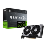 Tarjeta gráfica MSI GeForce RTX 5050 8G VENTUS 2X OC, VGA, con disipador y ventiladores, vista frontal de la tarjeta de video.
