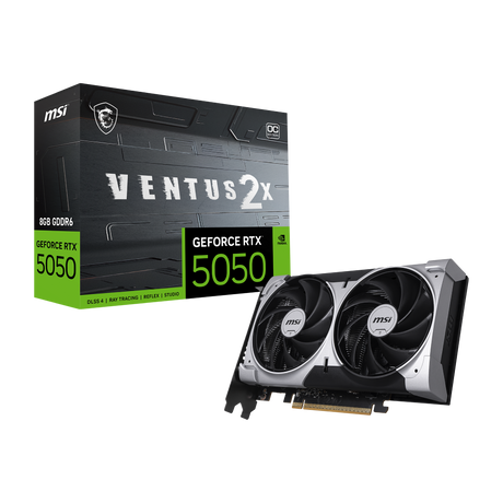 Tarjeta gráfica MSI GeForce RTX 5050 8G VENTUS 2X OC, VGA, con disipador y ventiladores, vista frontal de la tarjeta de video.