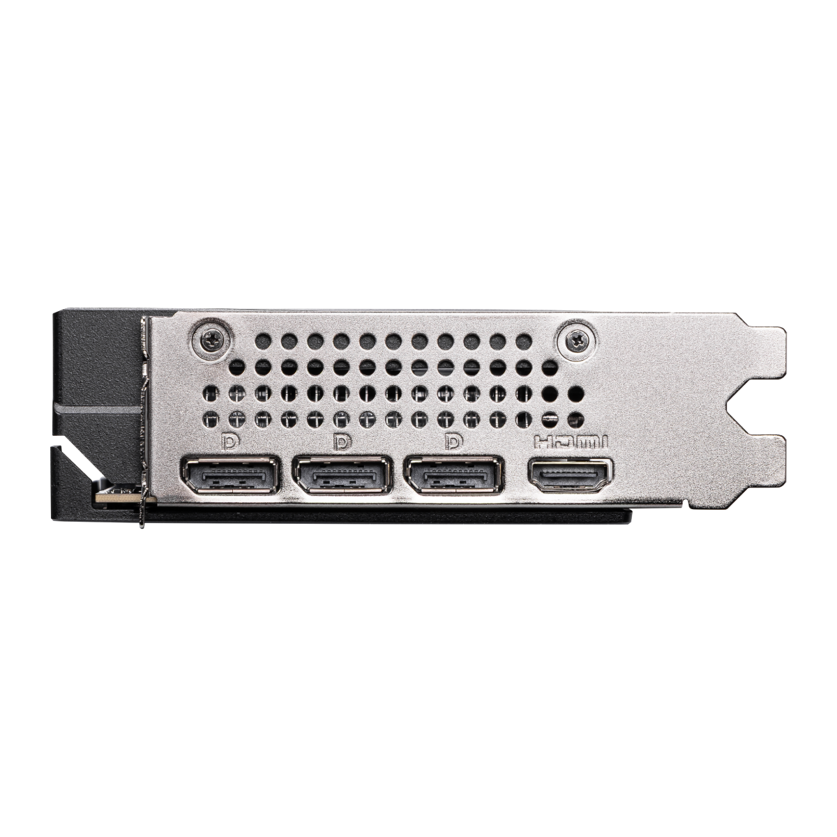 Tarjeta gráfica MSI GeForce RTX 5060 Ti 8G SHADOW 2X PLUS con disipadores y conectores de video, vista desde el lateral.