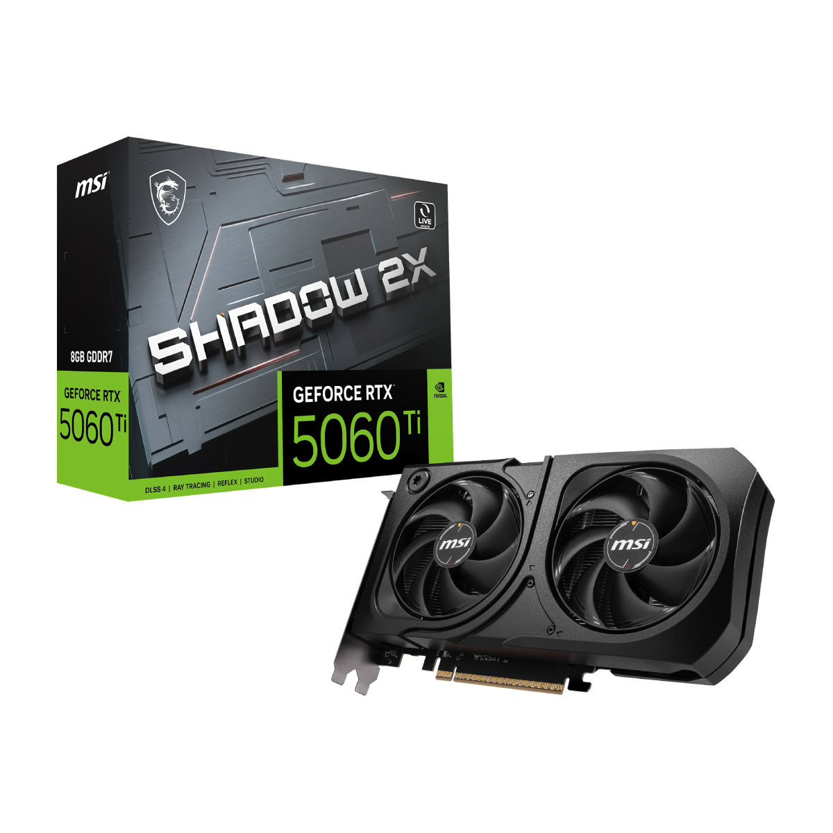 Tarjeta gráfica MSI GeForce RTX 5060 Ti 8G SHADOW 2X PLUS, tarjeta VGA con disipadores y conectores visibles.