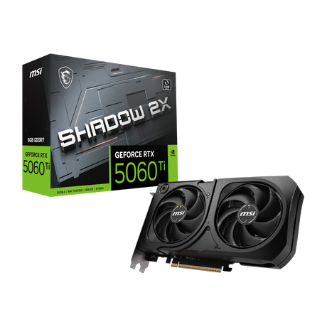 Tarjeta gráfica MSI GeForce RTX 5060 Ti 8G SHADOW 2X PLUS, tarjeta VGA con disipadores y conectores visibles.