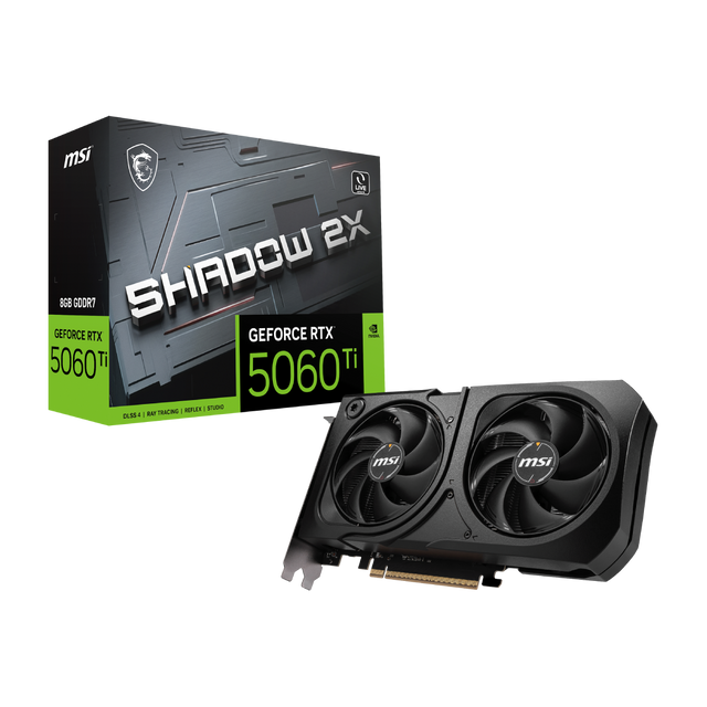 Tarjeta gráfica MSI GeForce RTX 5060 Ti 8G SHADOW 2X PLUS, tarjeta VGA con disipadores y conectores visibles.
