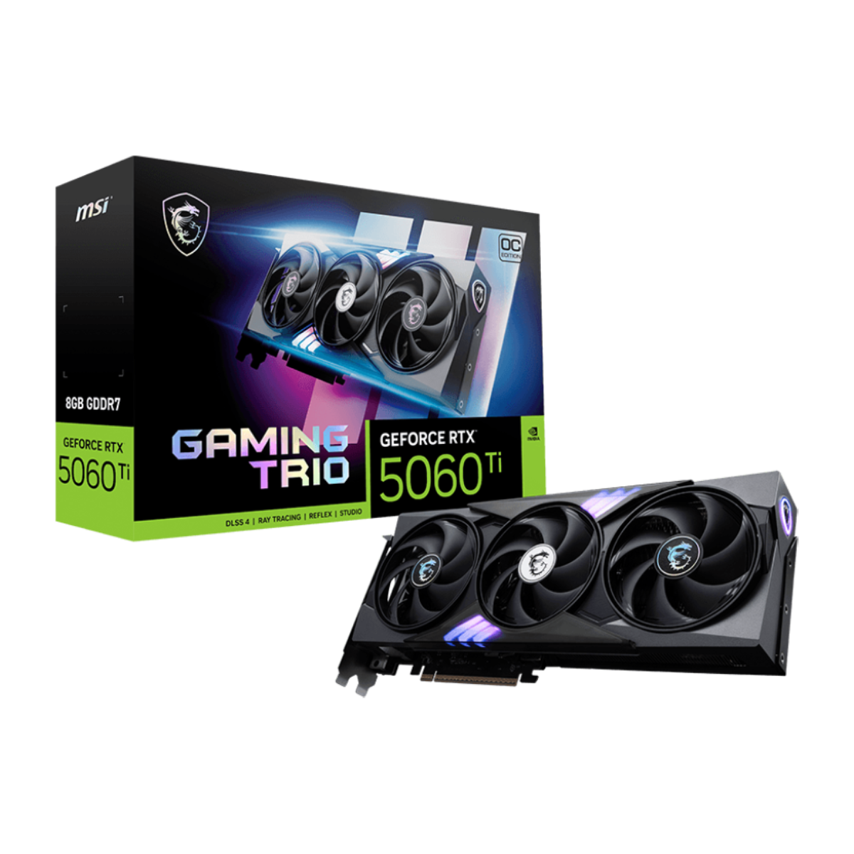 Tarjeta gráfica MSI GeForce RTX 5060 Ti 8G GAMING TRIO OC con disipador y conectores de video, vista frontal de la VGA.