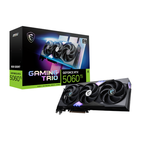 Tarjeta gráfica MSI GeForce RTX 5060 Ti 8G GAMING TRIO, tarjeta VGA con diseño robusto y ventiladores de alta eficiencia.