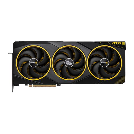 MSI GeForce RTX 5080 16G COD MW4 Edition OC VGA graphics card, NVIDIA GPU with custom design and cooling seen from front angle.