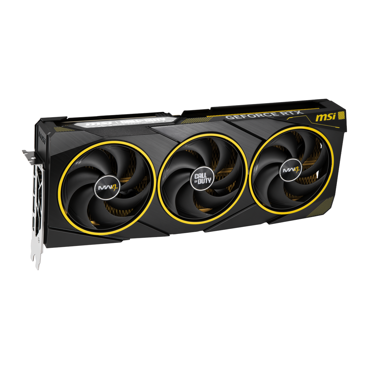 MSI España GeForce RTX 5080 16G COD MW4 Edition OC VGA graphics card showing custom design and cooling features.