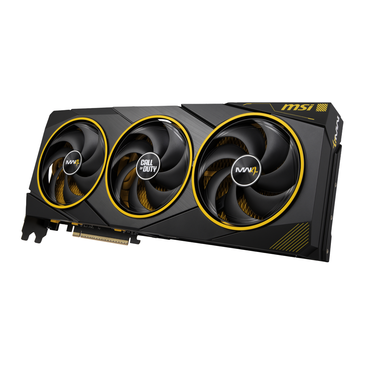MSI España GeForce RTX 5080 16G VGA graphics card with Call of Duty MW4 Edition and overclocked design, detailed view of the GPU.