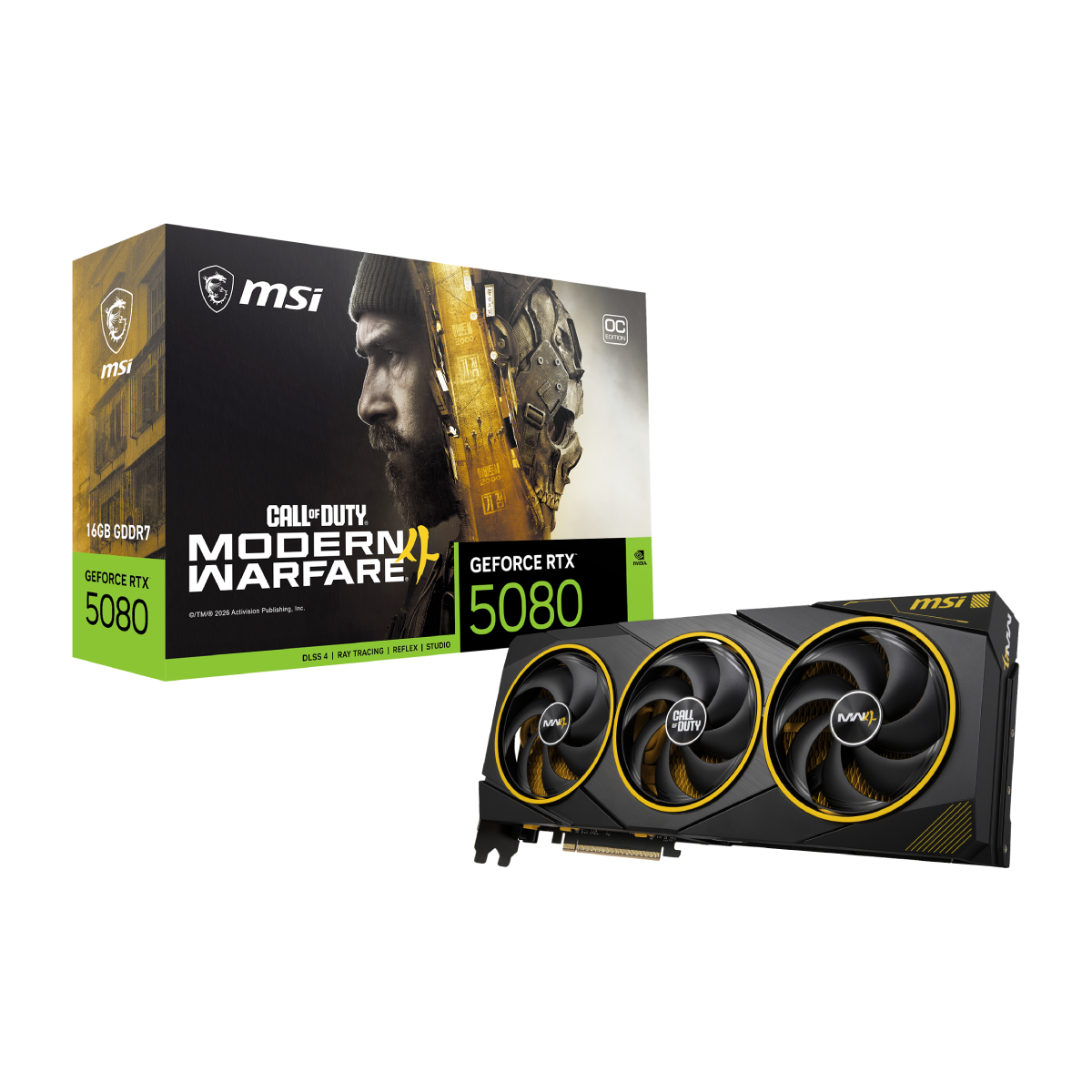 MSI GeForce RTX 5080 16G VGA graphics card with Call of Duty MW4 Edition OC, featuring high-performance GPU and gaming design.