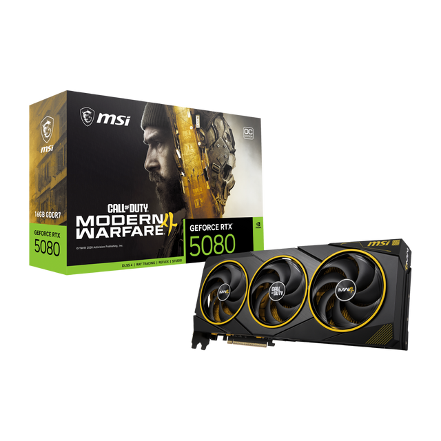 MSI GeForce RTX 5080 16G VGA graphics card with Call of Duty MW4 Edition OC, featuring high-performance GPU and gaming design.
