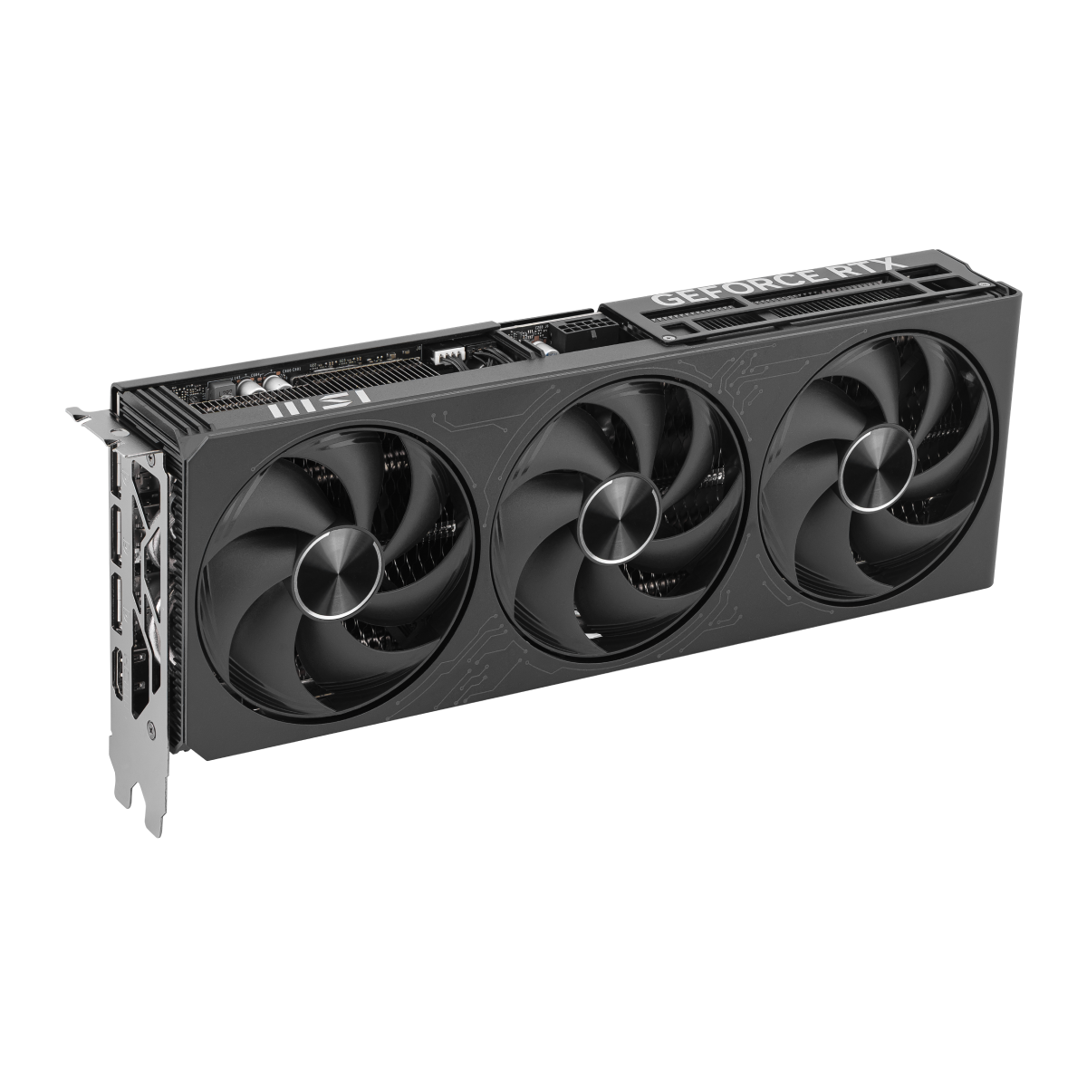 Tarjeta gráfica MSI GeForce RTX 5080 16G INSPIRE 3X OC negra, con disipador y conectores de video visibles.