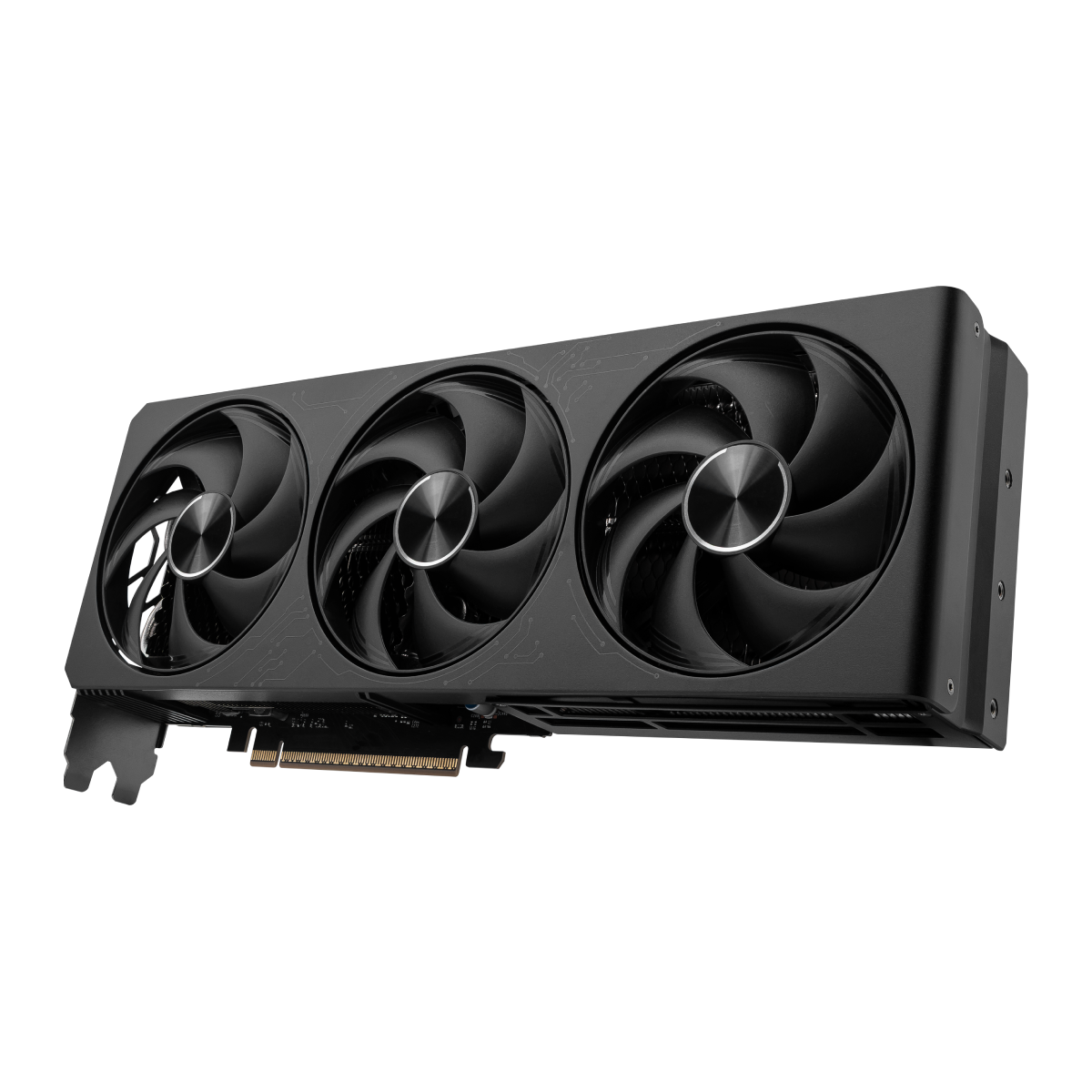 Tarjeta gráfica MSI GeForce RTX 5080 16G Inspire 3X OC negra, con disipador y conectores de video, en caja negra elegante.