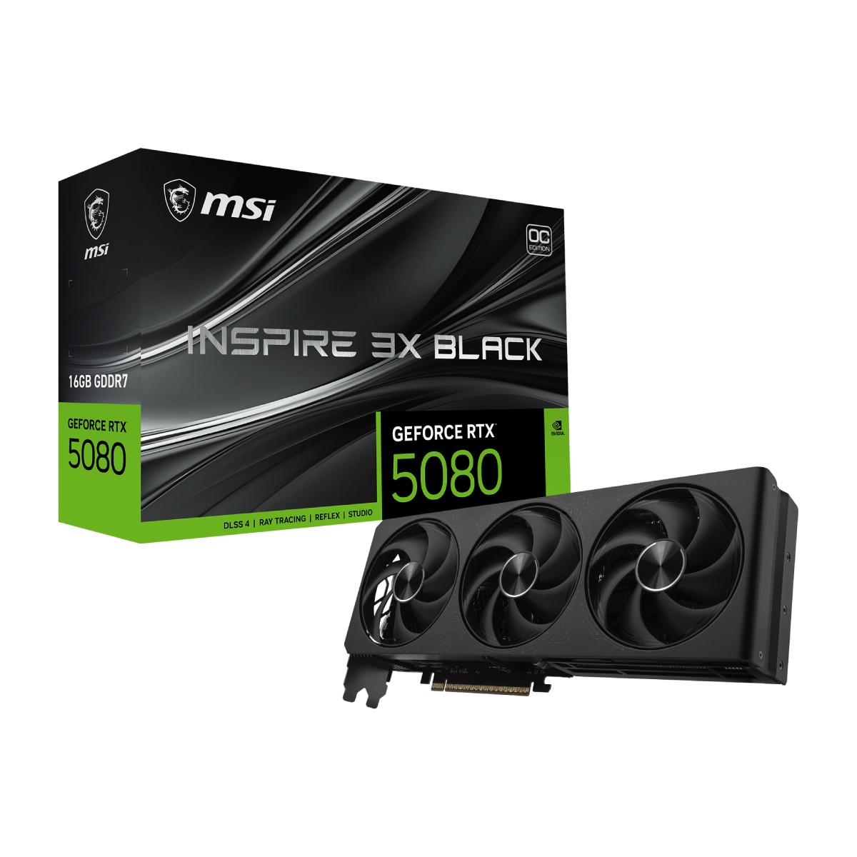 Tarjeta gráfica MSI GeForce RTX 5080 16G INSPIRE 3X OC en color negro, con disipador y ventiladores para alto rendimiento gaming.