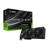 Tarjeta gráfica MSI GeForce RTX 5080 16G INSPIRE 3X OC en color negro, con disipador y ventiladores para alto rendimiento gaming.