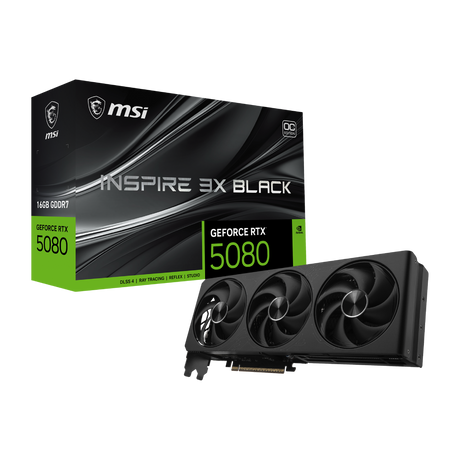 Tarjeta gráfica MSI GeForce RTX 5080 16G INSPIRE 3X OC en color negro, con disipador y ventiladores para alto rendimiento gaming.
