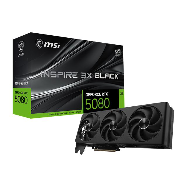 Tarjeta gráfica MSI GeForce RTX 5080 16G INSPIRE 3X OC en color negro, con disipador y ventiladores para alto rendimiento gaming.