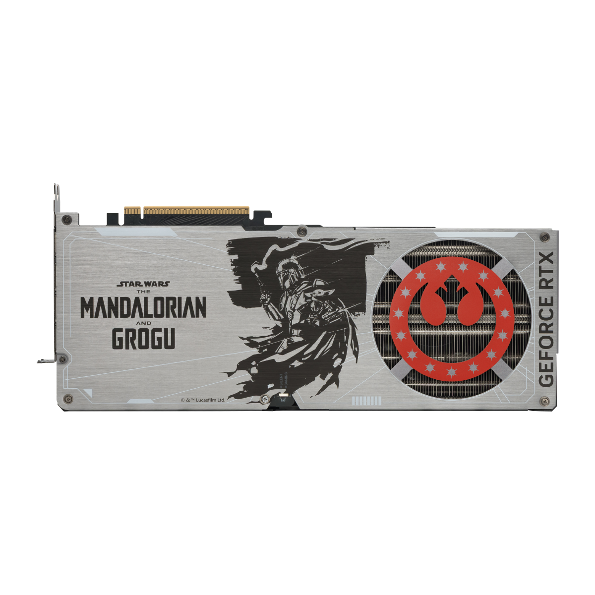 Tarjeta gráfica MSI GeForce RTX 5080 16G The Mandalorian y Grogu edición OC, con diseño temático y conectores visibles.
