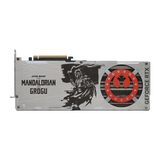 Tarjeta gráfica MSI GeForce RTX 5080 16G The Mandalorian y Grogu edición OC, con diseño temático y conectores visibles.