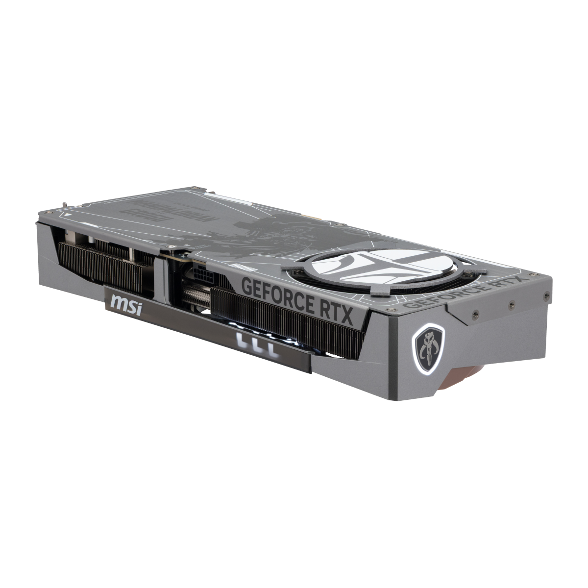 Tarjeta gráfica MSI GeForce RTX 5080 16G The Mandalorian y Grogu edición OC, con diseño temático en colores oscuros y detalles del personaje.