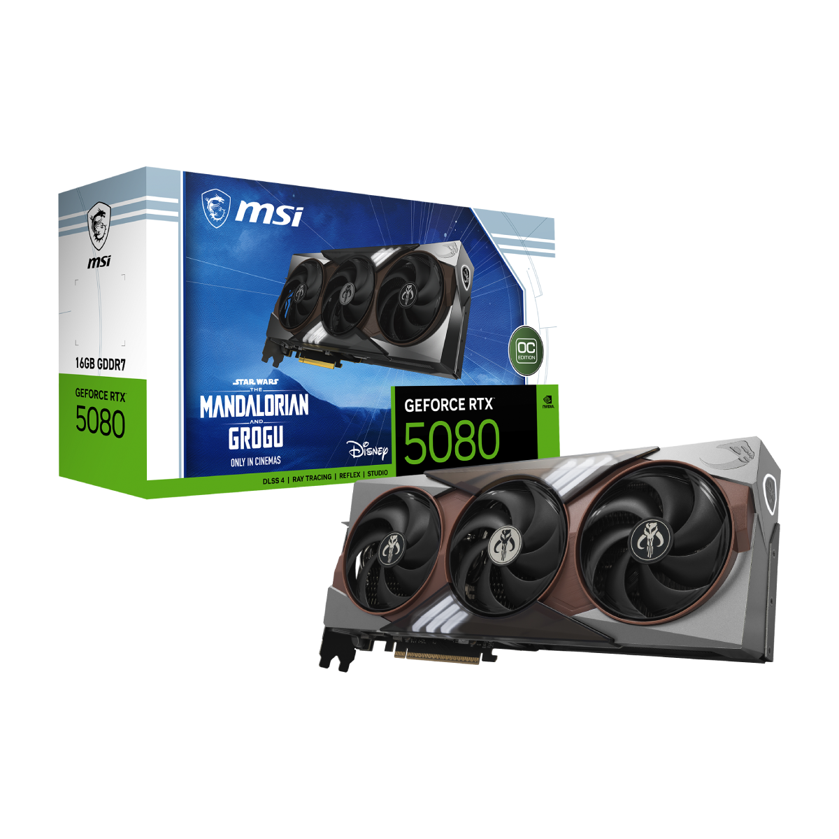 Tarjeta gráfica MSI GeForce RTX 5080 16G The Mandalorian y Grogu edición OC, con diseño temático en la imagen.