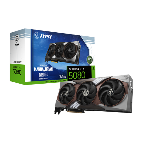 Tarjeta gráfica MSI GeForce RTX 5080 16G The Mandalorian y Grogu edición OC, con diseño temático en la imagen.