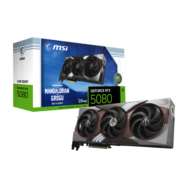 Tarjeta gráfica MSI GeForce RTX 5080 16G The Mandalorian y Grogu edición OC, con diseño temático en la imagen.