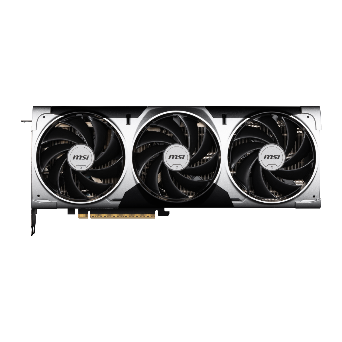 Tarjeta gráfica MSI GeForce RTX 5080 16G VENTUS 3X OC con disipador y ventiladores en color negro, vista frontal.