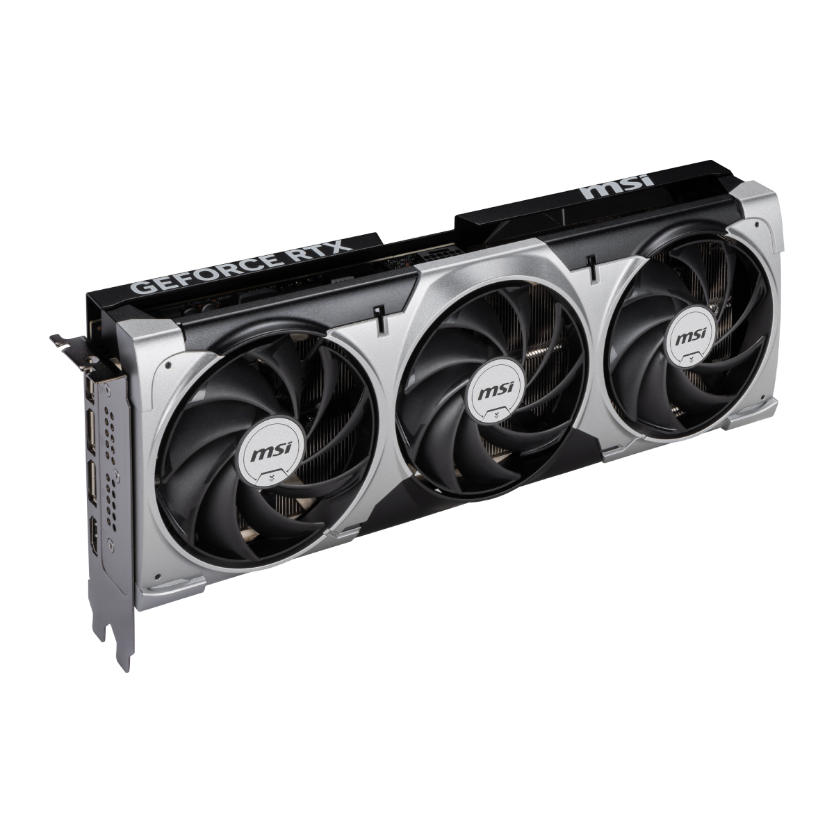 Tarjeta gráfica MSI GeForce RTX 5080 VENTUS 3X OC de colores negros y diseño con ventiladores triples, vista frontal.