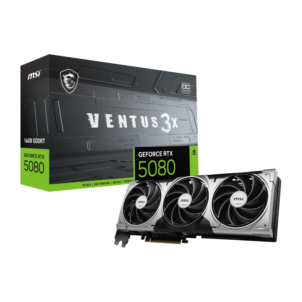Tarjeta gráfica MSI GeForce RTX 5080 16G VENTUS 3X OC, con disipadores y conectores visibles, en acabado negro y detalles de ventiladores.