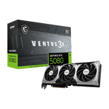 Tarjeta gráfica MSI GeForce RTX 5080 16G VENTUS 3X OC, con disipadores y conectores visibles, en acabado negro y detalles de ventiladores.