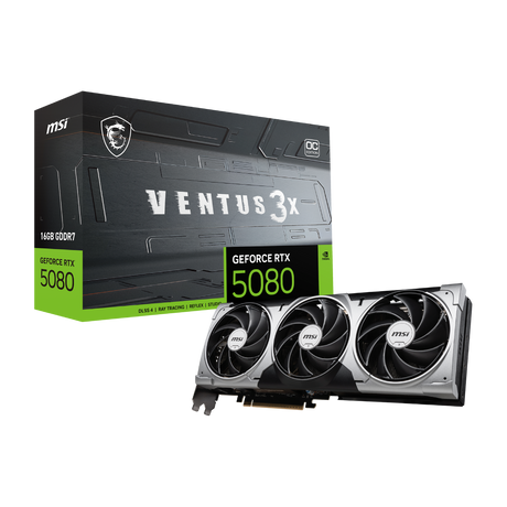 Tarjeta gráfica MSI GeForce RTX 5080 16G VENTUS 3X OC, con disipadores y conectores visibles, en acabado negro y detalles de ventiladores.