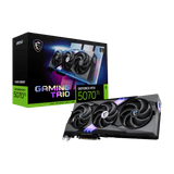 Tarjeta gráfica MSI GeForce RTX 5070 Ti 16G GAMING TRIO, tarjeta VGA con disipador y conectores en la parte frontal.