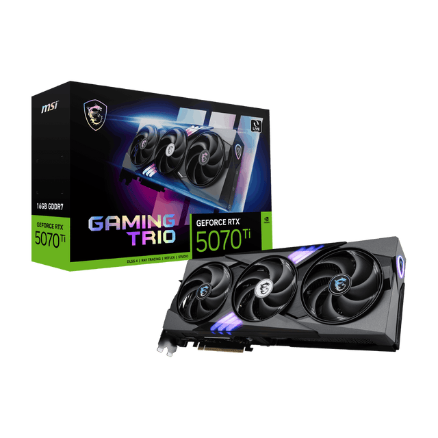 Tarjeta gráfica MSI GeForce RTX 5070 Ti 16G GAMING TRIO, tarjeta VGA con disipador y conectores en la parte frontal.
