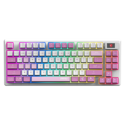 Teclado gaming inalámbrico MSI Forge GK600 TKL con retroiluminación violeta, compacto y diseñado para jugadores.