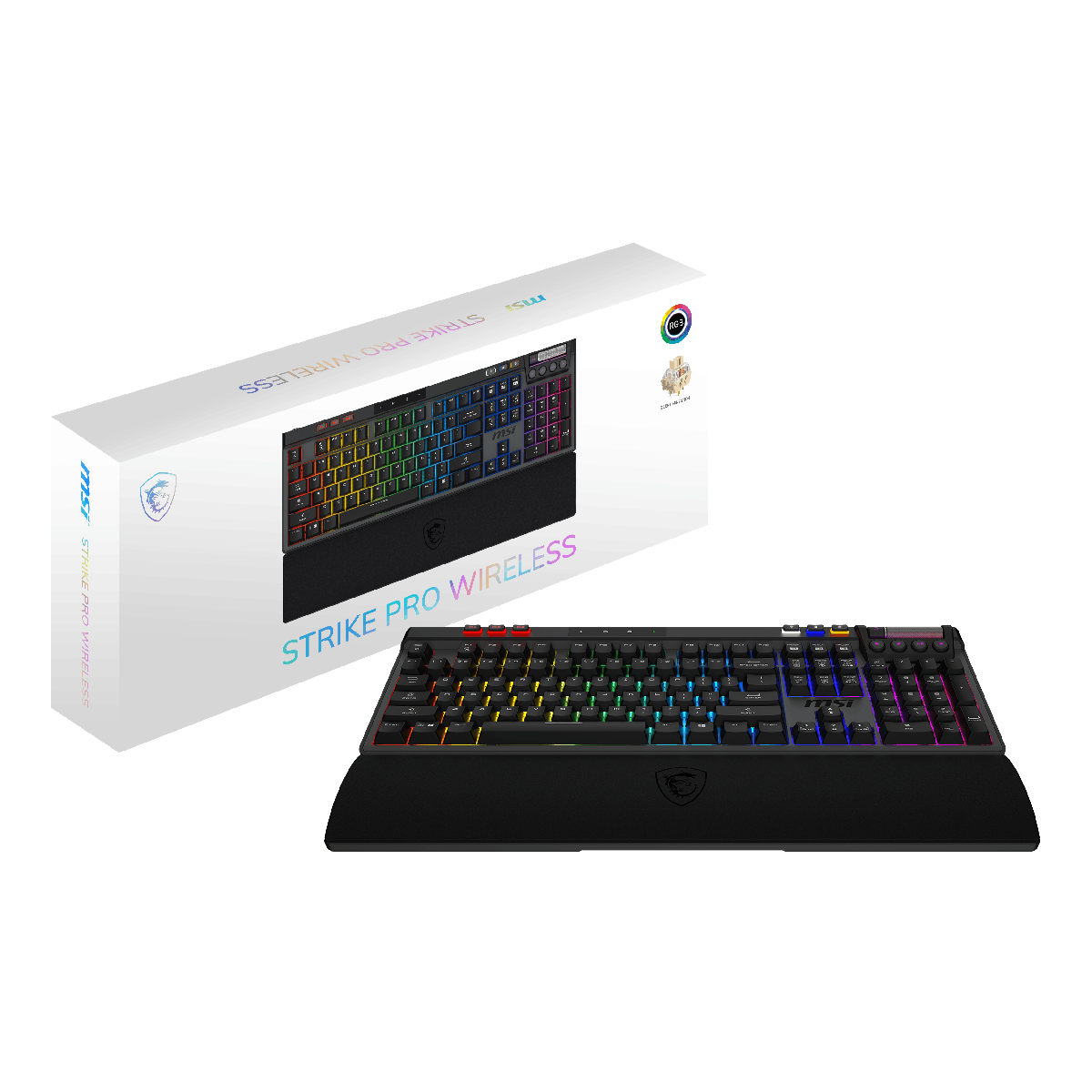 Teclado gaming MSI Strike PRO Wireless Silent con teclas mecánicas y diseño compacto, ideal para gaming profesional.