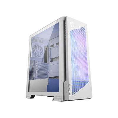Chasis MSI MPG VeloX 300R Airflow PZ blanco para PC, con diseño de torre y ventilación eficiente, en color blanco.